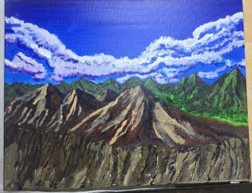 Tranquility Pass - therapeutic landscape painting featuring rocky mountains, green hills, and blue sky by R.L. Grey at Nuerokind Studios